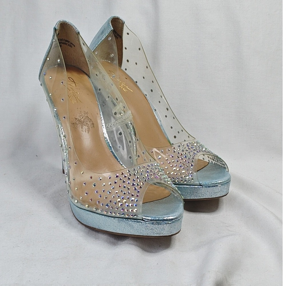 Thalia Sodi Lennav Pump Blue Metallic Rhinestone Clear PVC Platform Size 9M